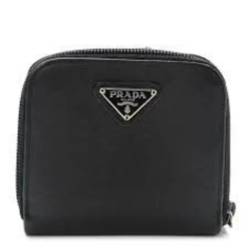 Prada Compact Zip Around Wallet Black Saffiano Leather Metal Triangle Logo Chic